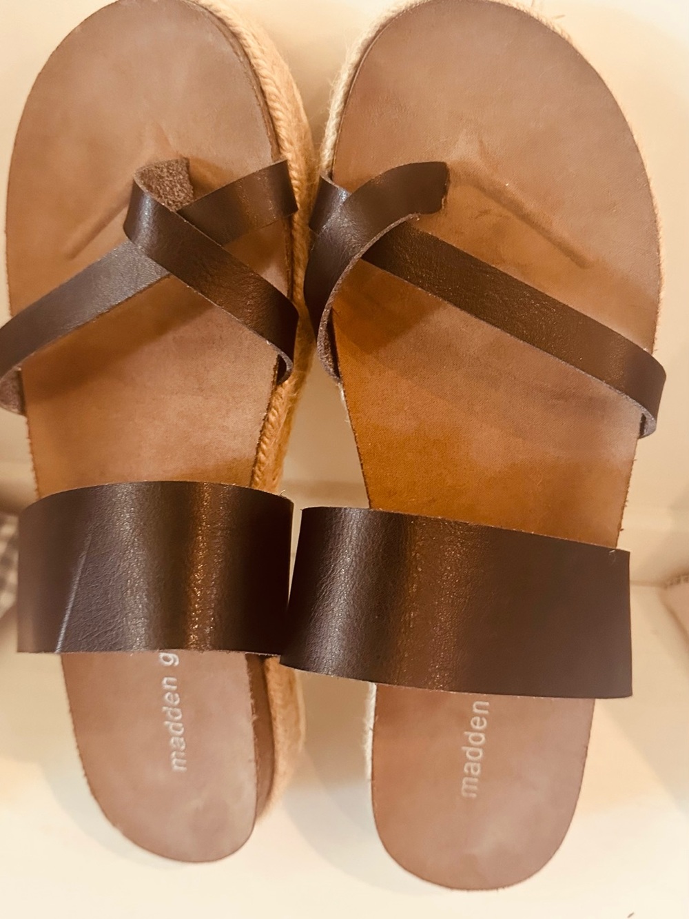 Madden Girl Black Leather Espadrille Strappy Slide Sandals